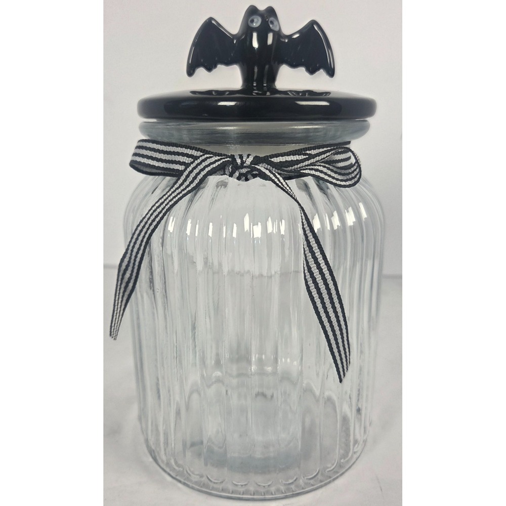 Halloween Bat Glass Canister Jar Black Lid Striped Bow Gothic Kitchen Decor 8 In